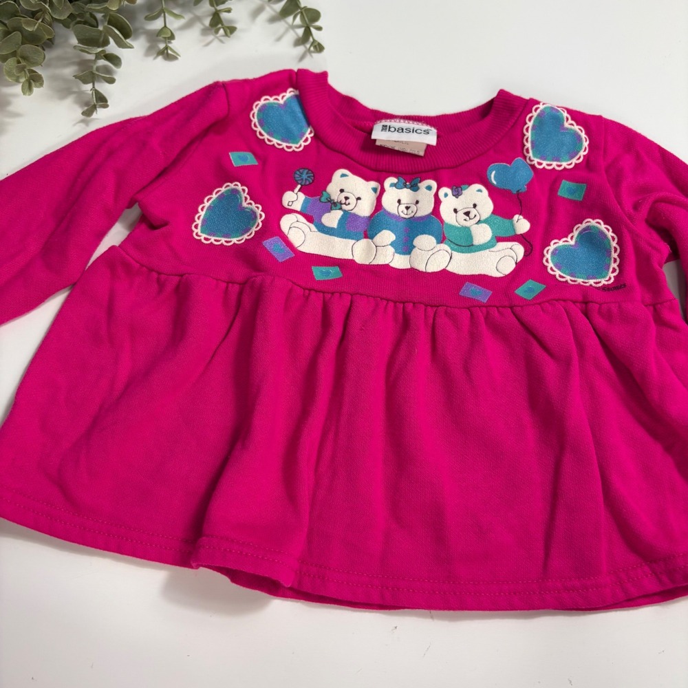 Vintage Trend Basics Pink Teddy Bear Heart Babydoll Top Kids 3T Long Sleeve 5844